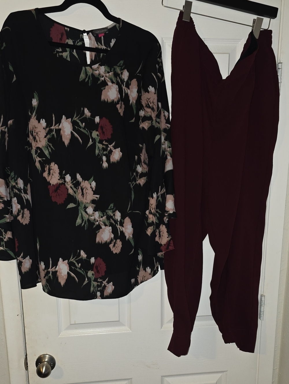 Vince Camuto Black Floral Blouse with Burgundy Jogger Pants